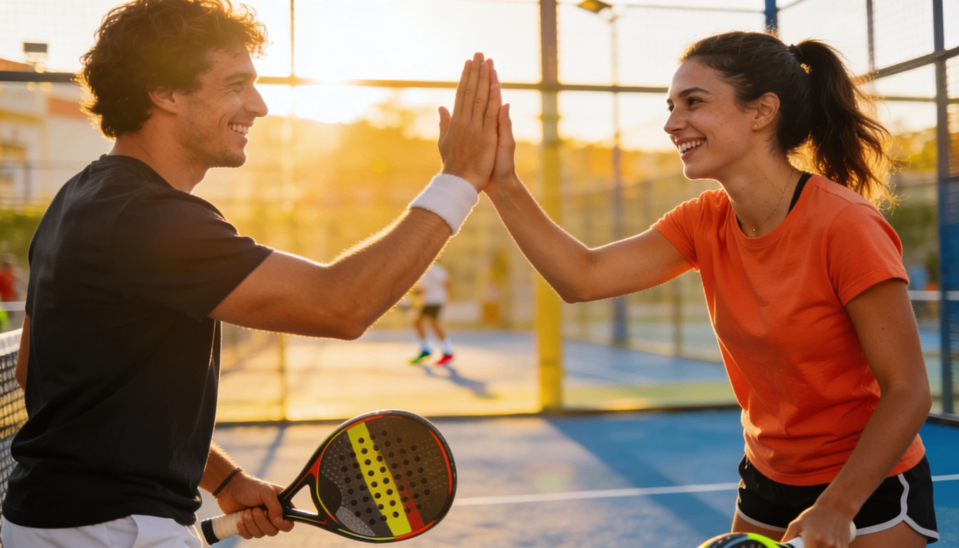 Two padel players high-fiving on court after a rally