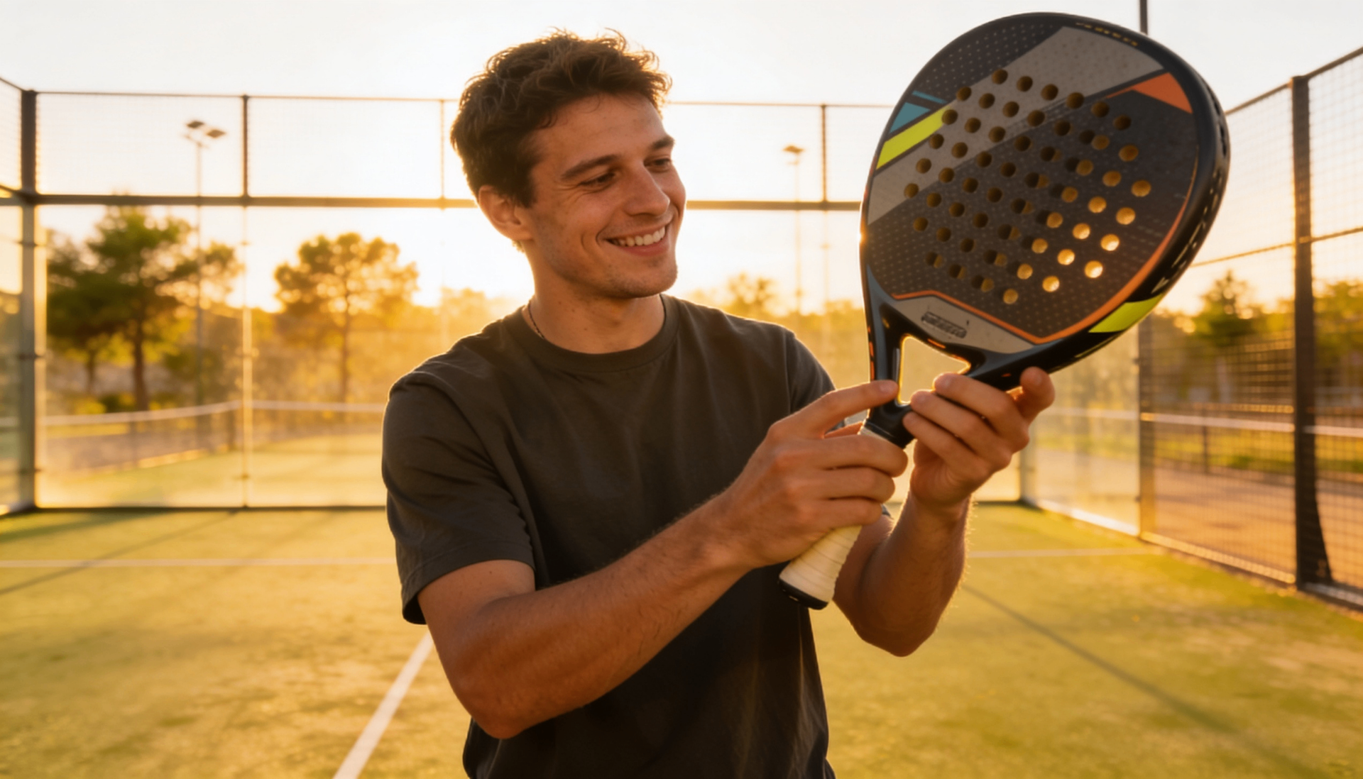Beginner padel player inspecting his racket on a court at sunset
