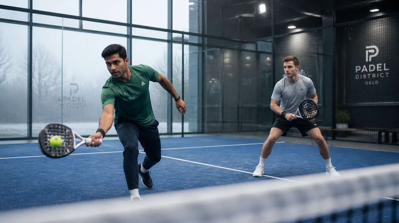 Two players rallying on an indoor padel court in a climate-controlled facility