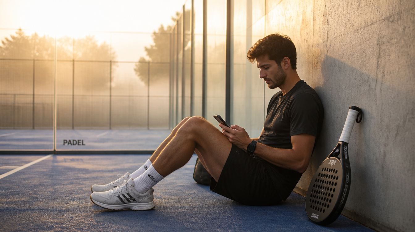 Padel player checking the Playy app courtside at sunrise in Dubai