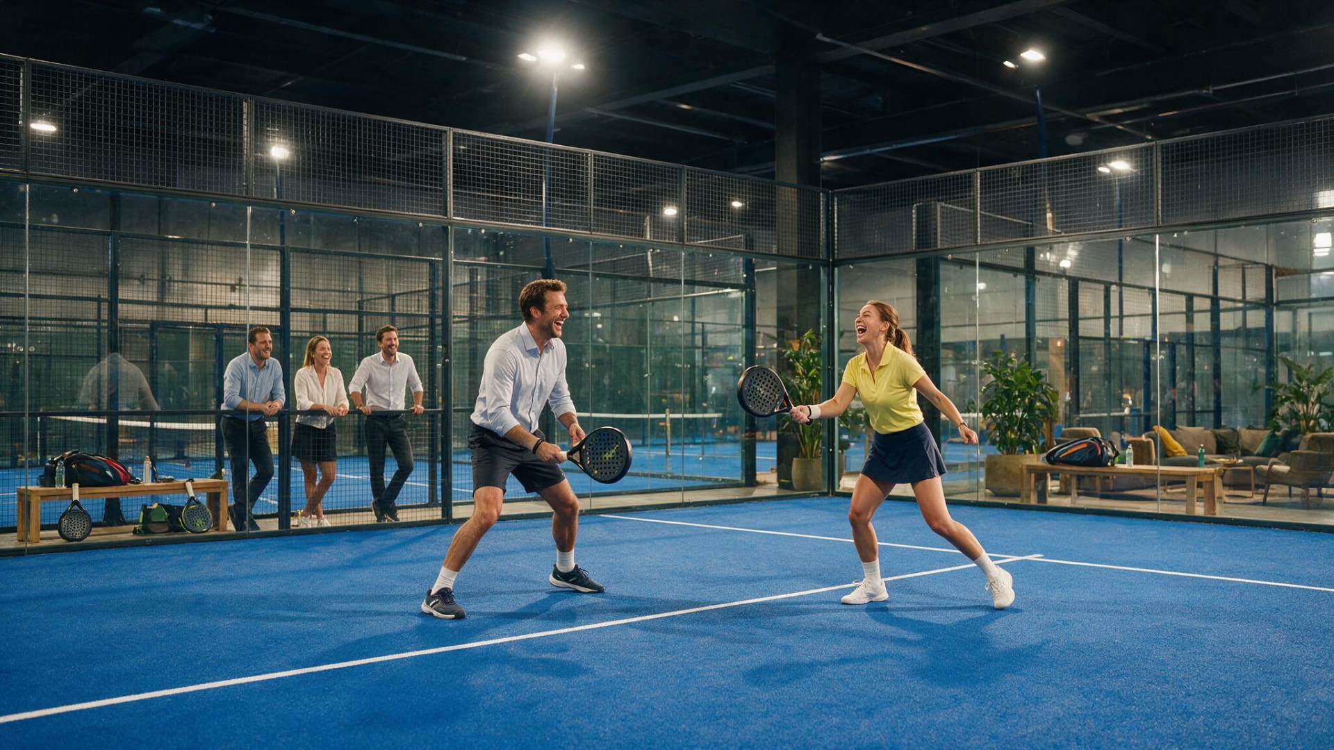 Two players laughing mid-rally on an indoor padel court in Dubai while friends watch from behind the glass