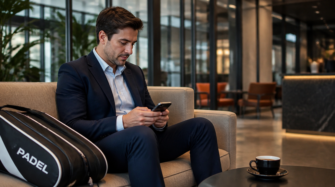 Professional in a suit sitting in a Dubai office lobby checking his phone with a padel racket bag beside him