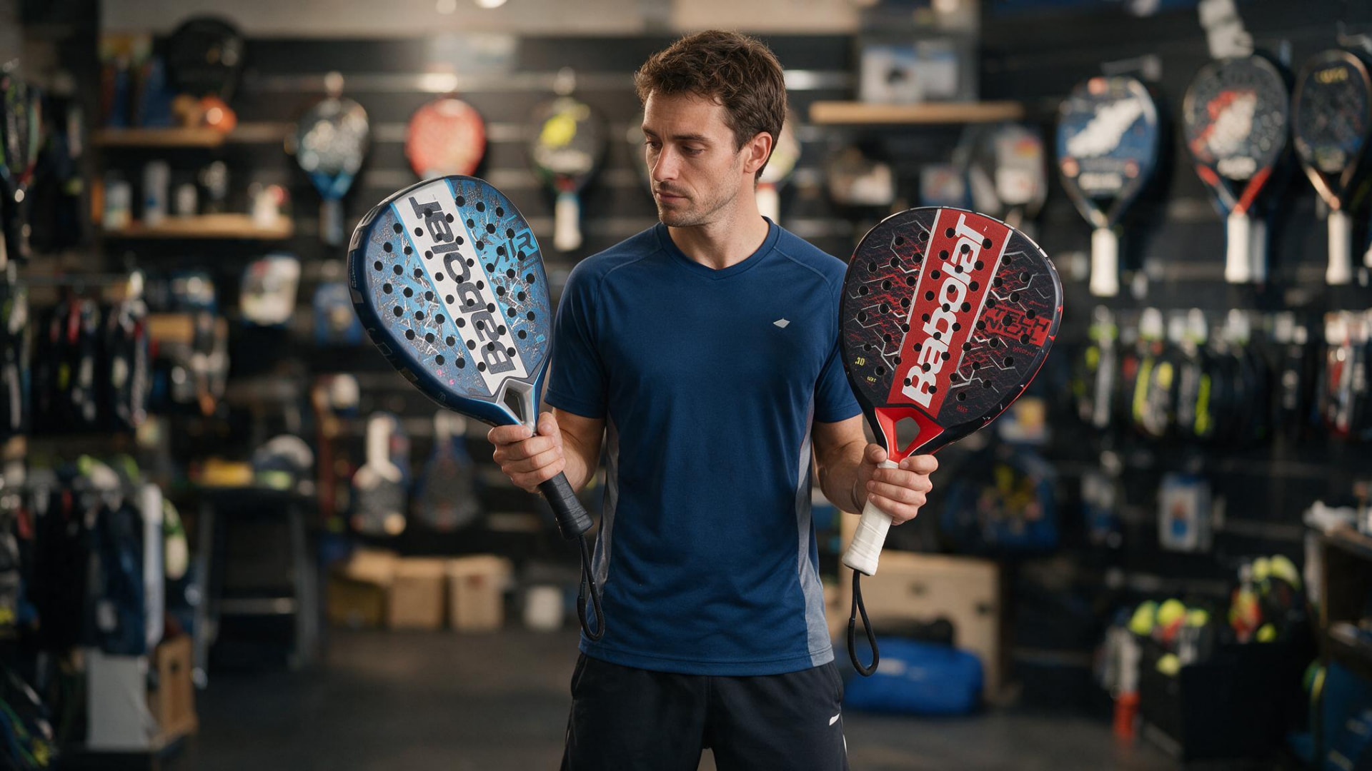 A player comparing padel rackets in a Dubai padel shop