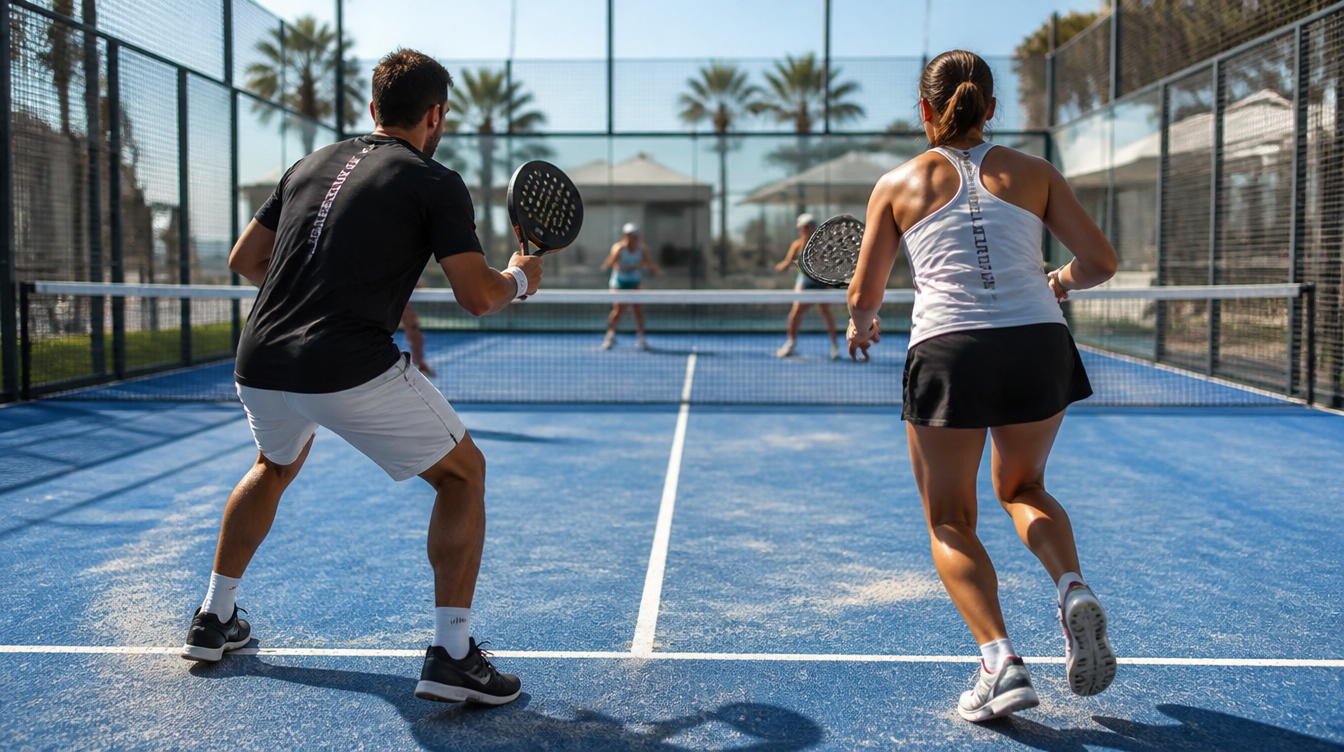 Two padel players covering the middle of the court during a rally in Dubai