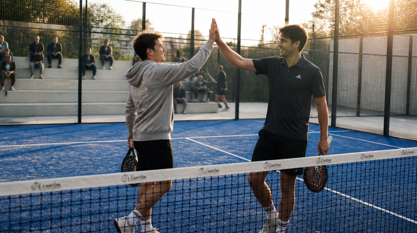 Two padel players high-fiving over the net after winning a point