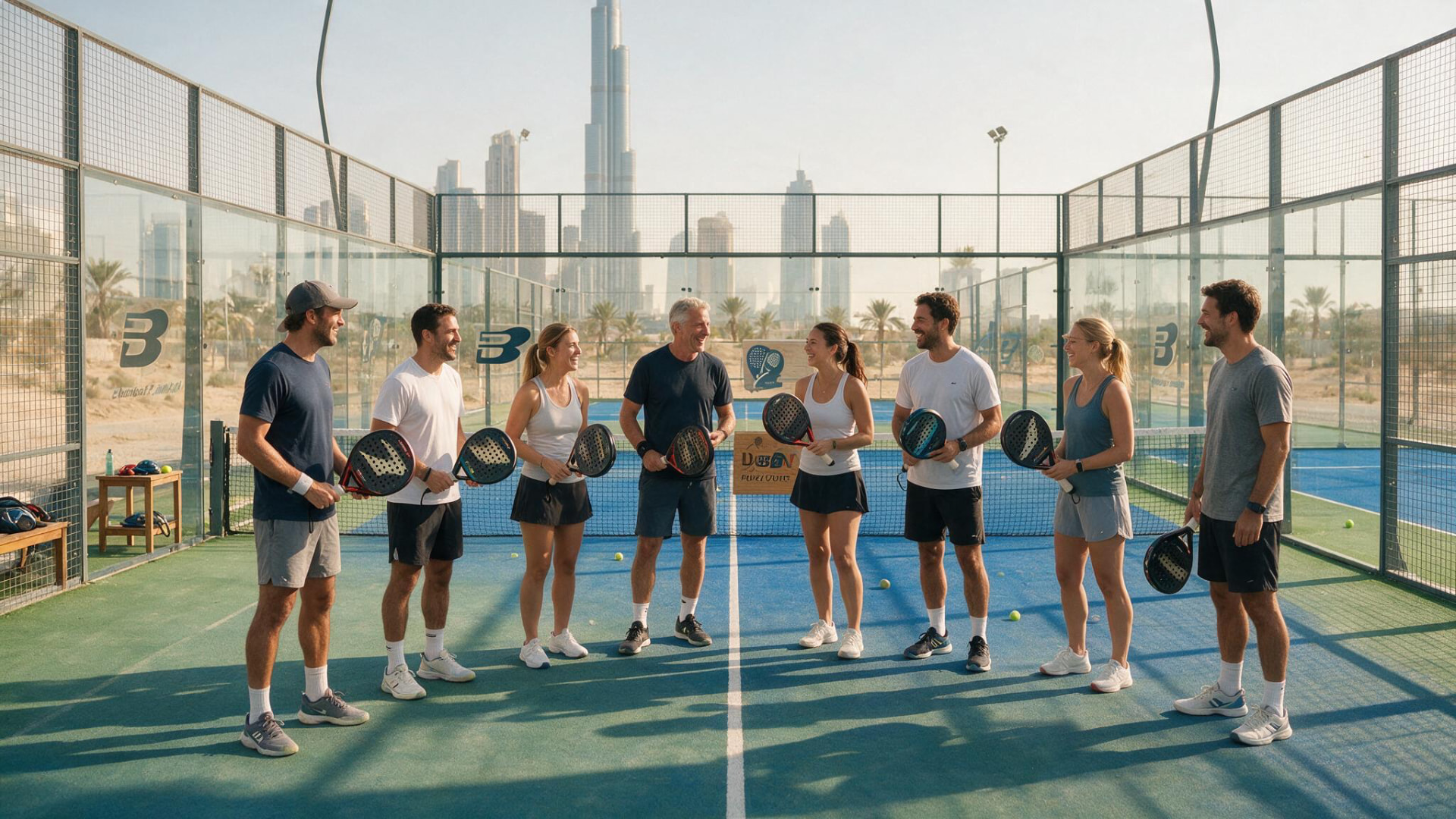 Group of padel players chatting on a Dubai court with the Burj Khalifa in the background