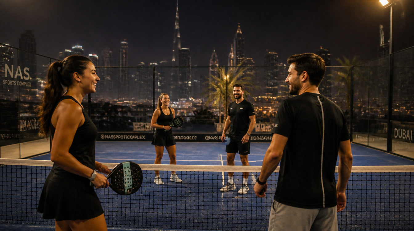 Four padel players on a floodlit court at night with the Dubai skyline behind them