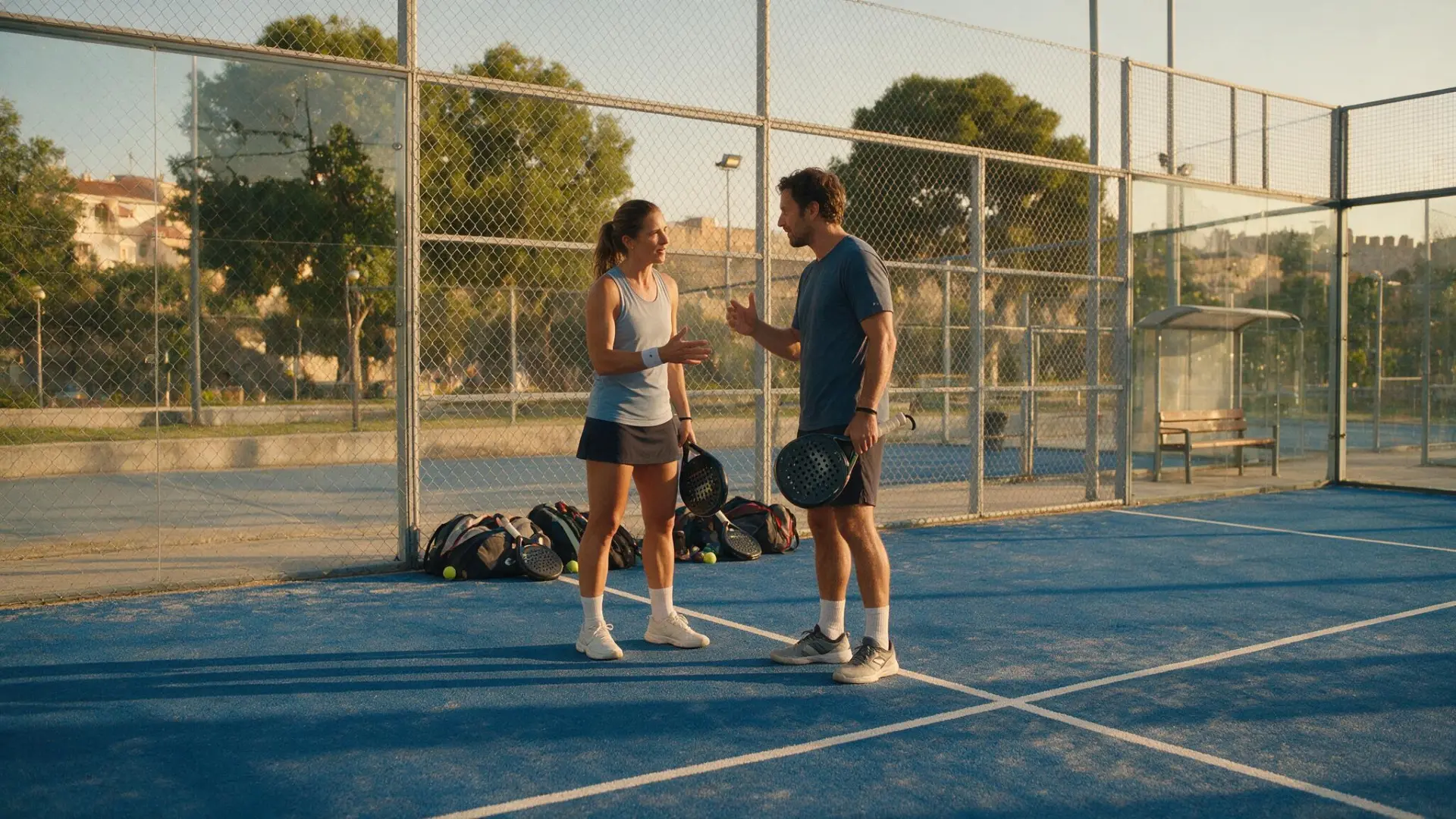 Two padel players talking on a blue outdoor court at golden hour with rackets in hand