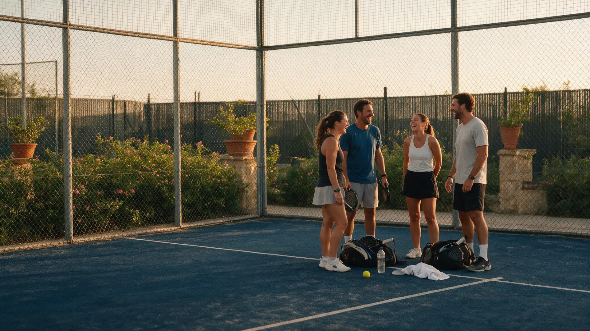Four padel players laughing together on a court at sunset after a session