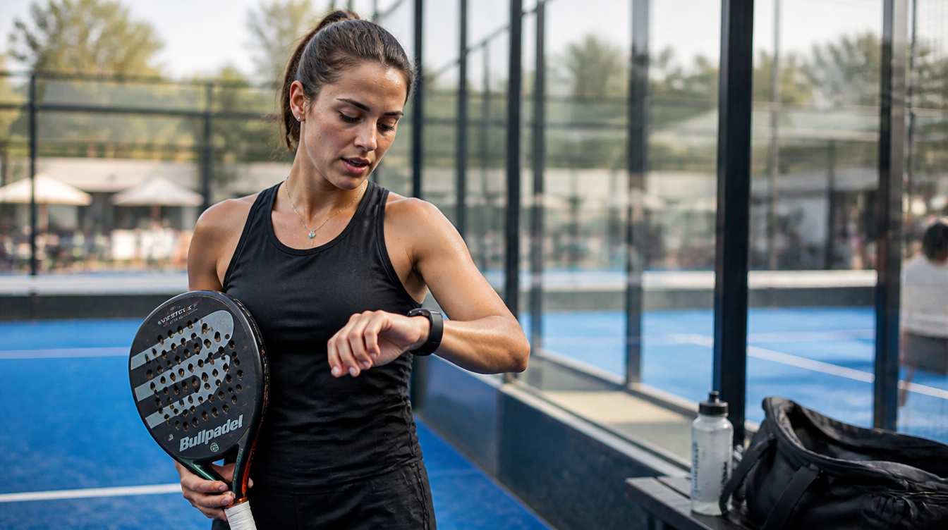 Padel player checking her fitness watch courtside after a session