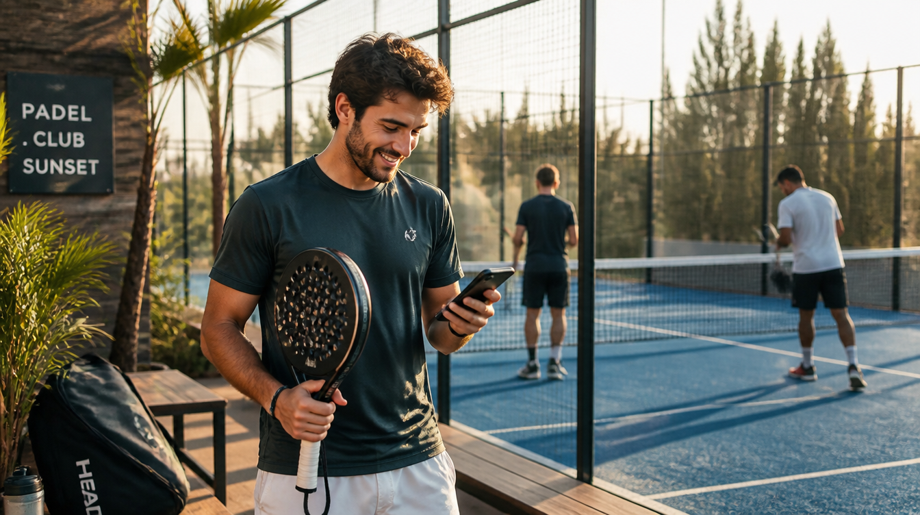 A padel player checking the Playy app courtside in Dubai