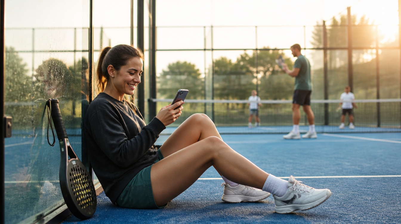 Padel player checking the Playy app on her phone courtside in Dubai