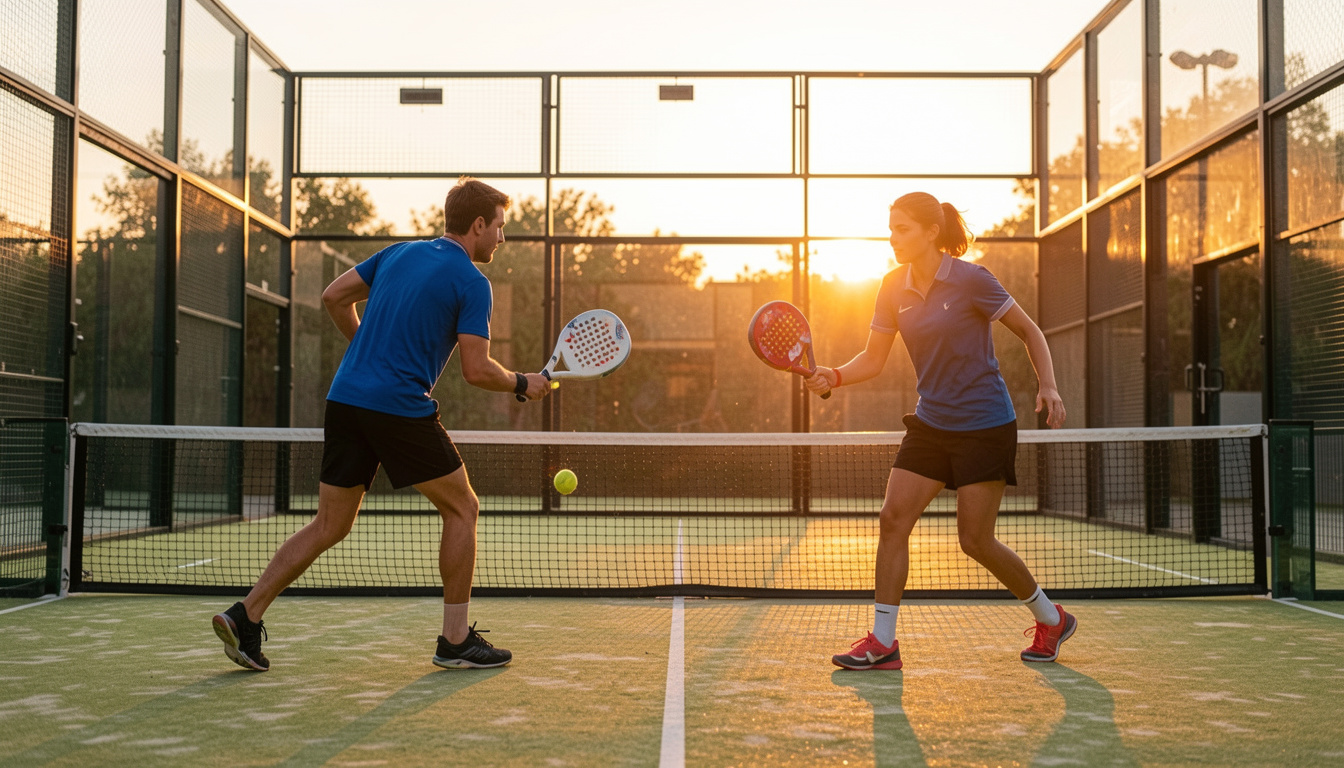 Two padel players moving together as a unit on a Dubai court at sunset