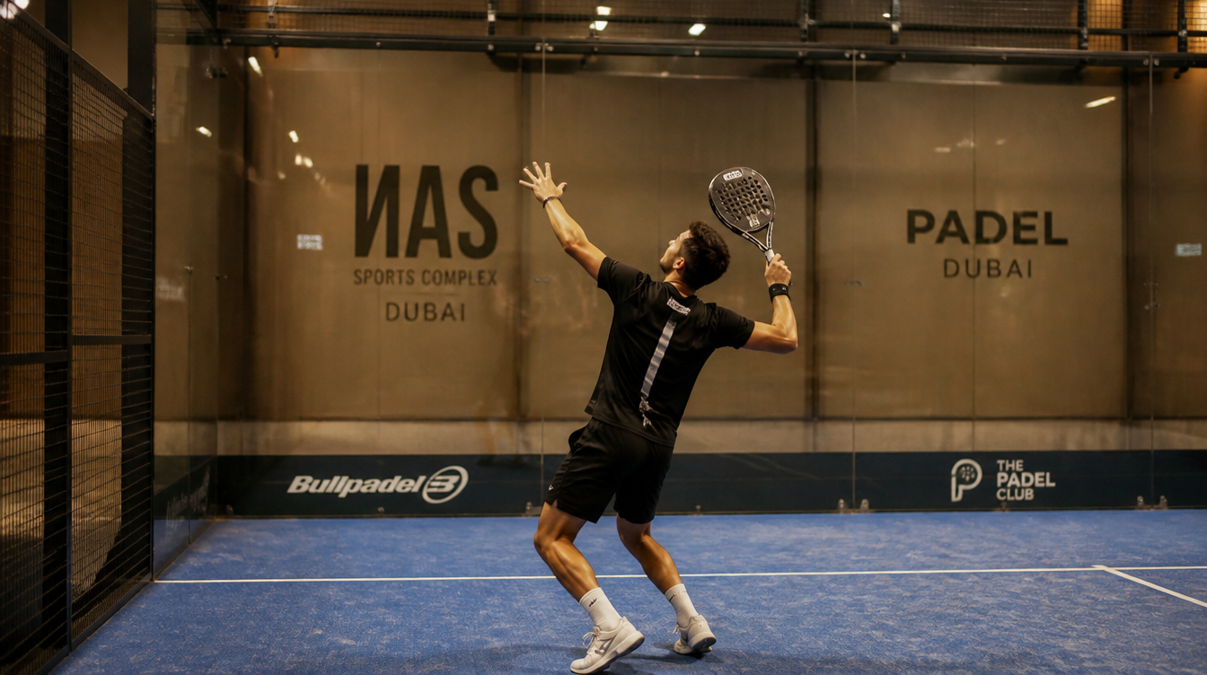 Padel player serving inside an indoor court at NAS Sports Complex Dubai