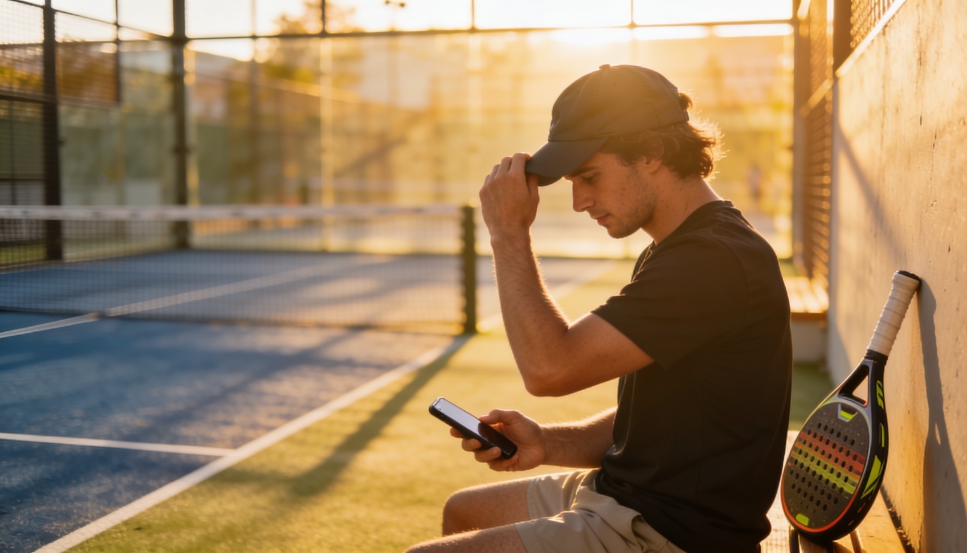 Padel player checking the Playy app courtside at sunset in Dubai