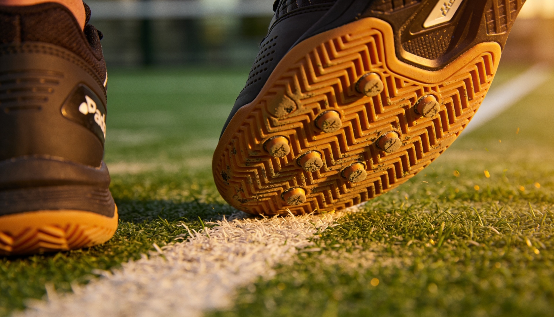 Close-up of padel shoes with herringbone sole on artificial grass court