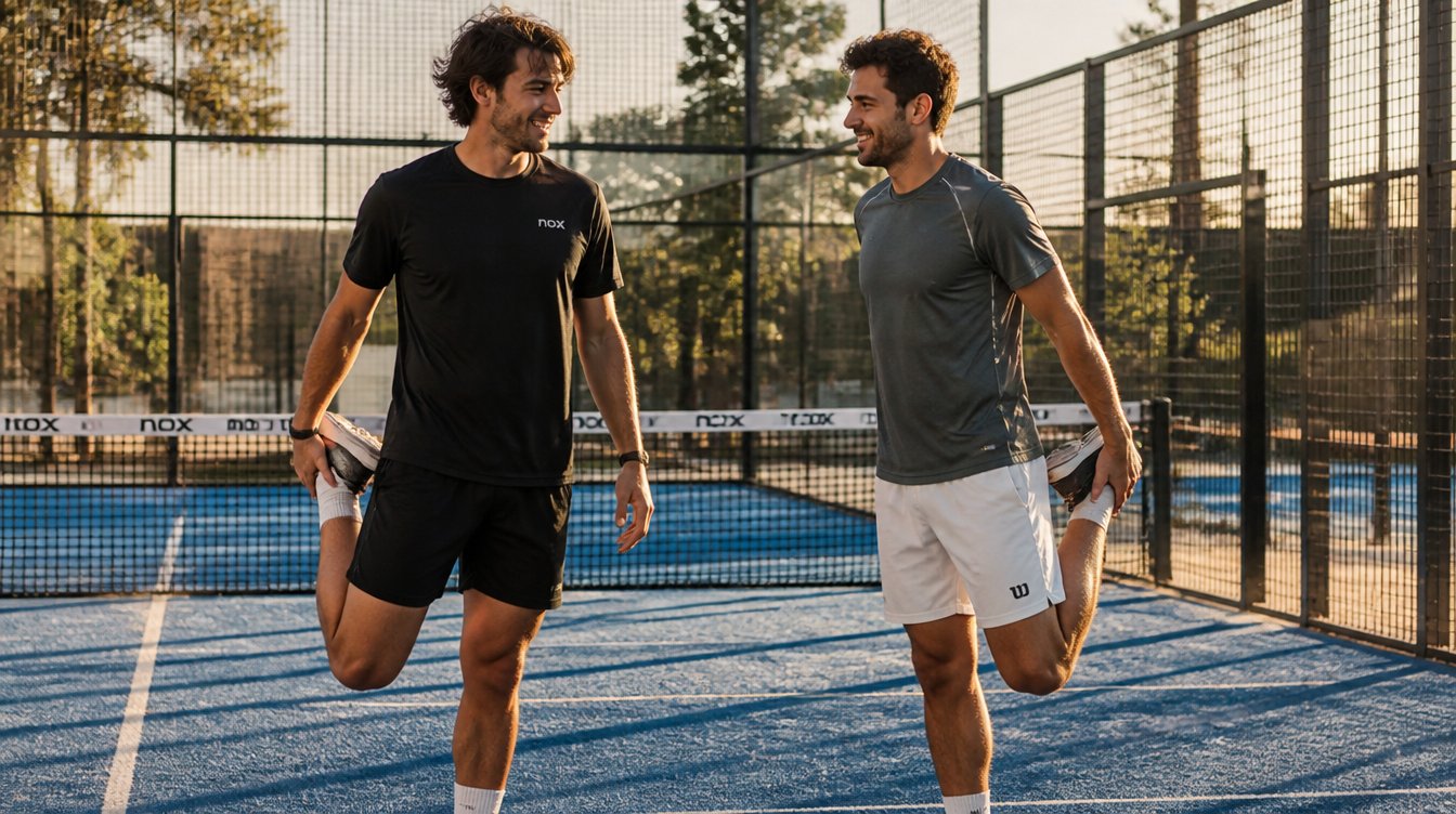 Two padel players stretching their quads and chatting on court after a session at golden hour