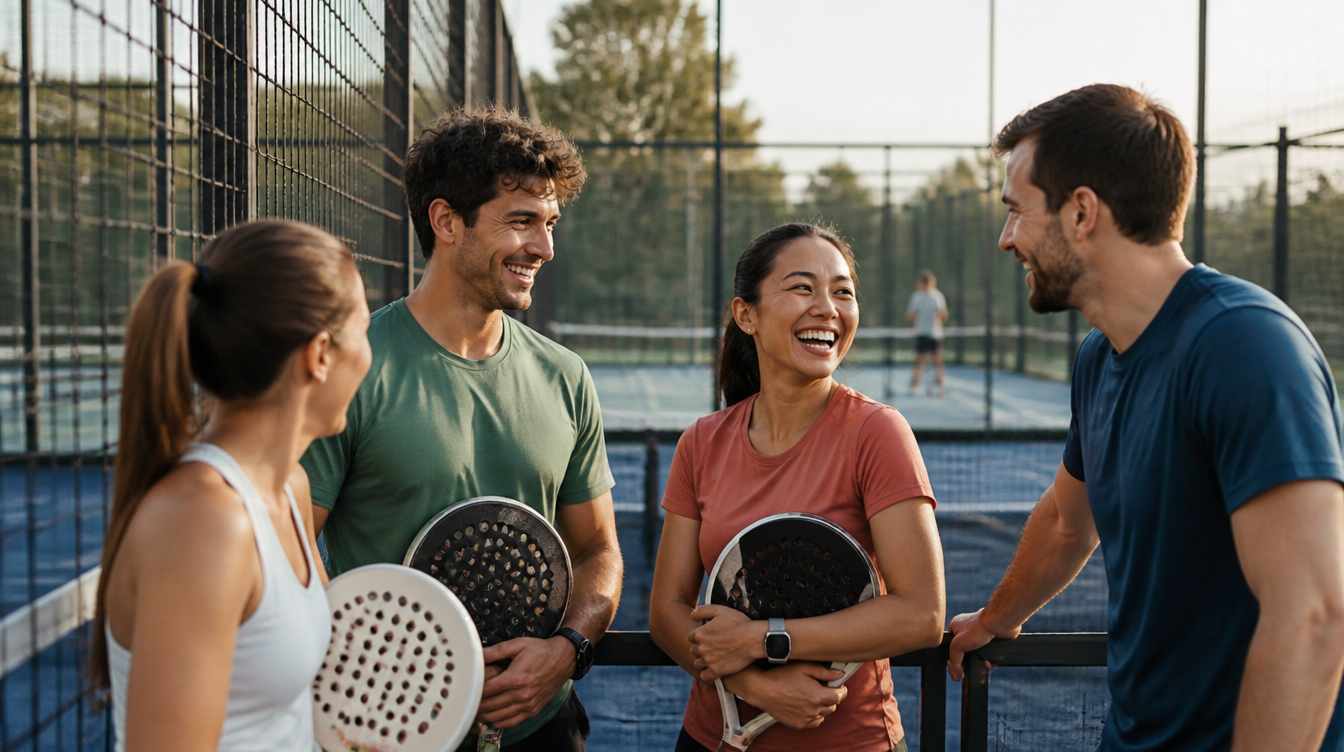 Four padel players laughing together on a Dubai court at golden hour