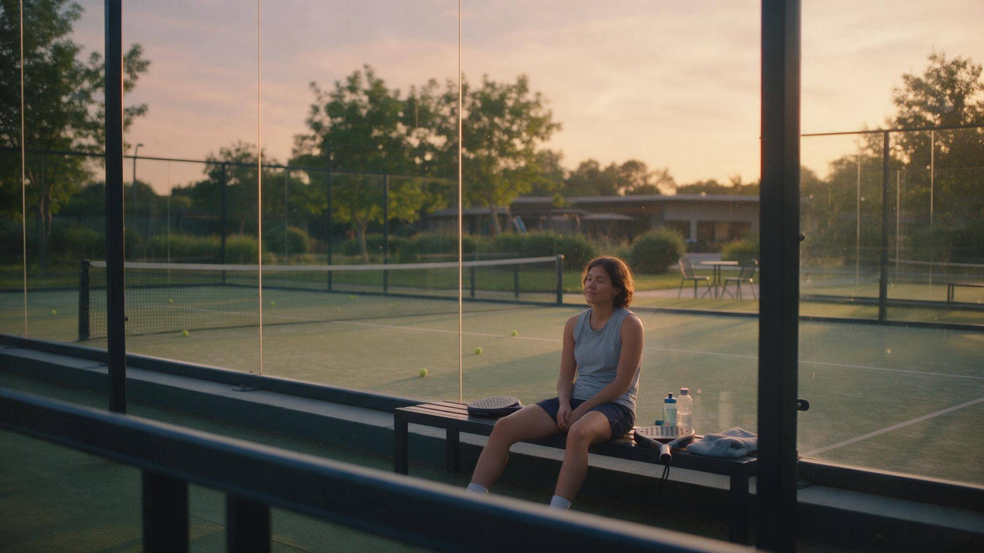 A padel player resting on a bench beside an outdoor court at sunset