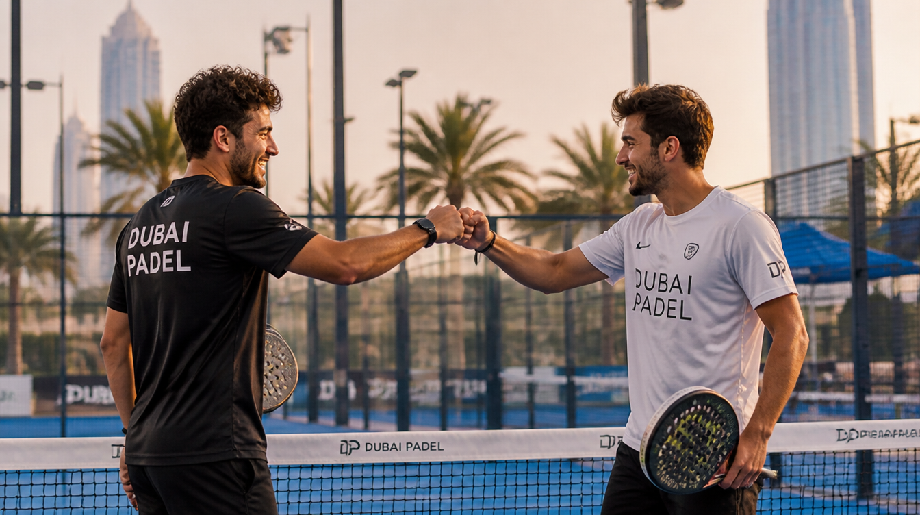 Two padel players fist-bumping at the net on a Dubai court with the city skyline behind them