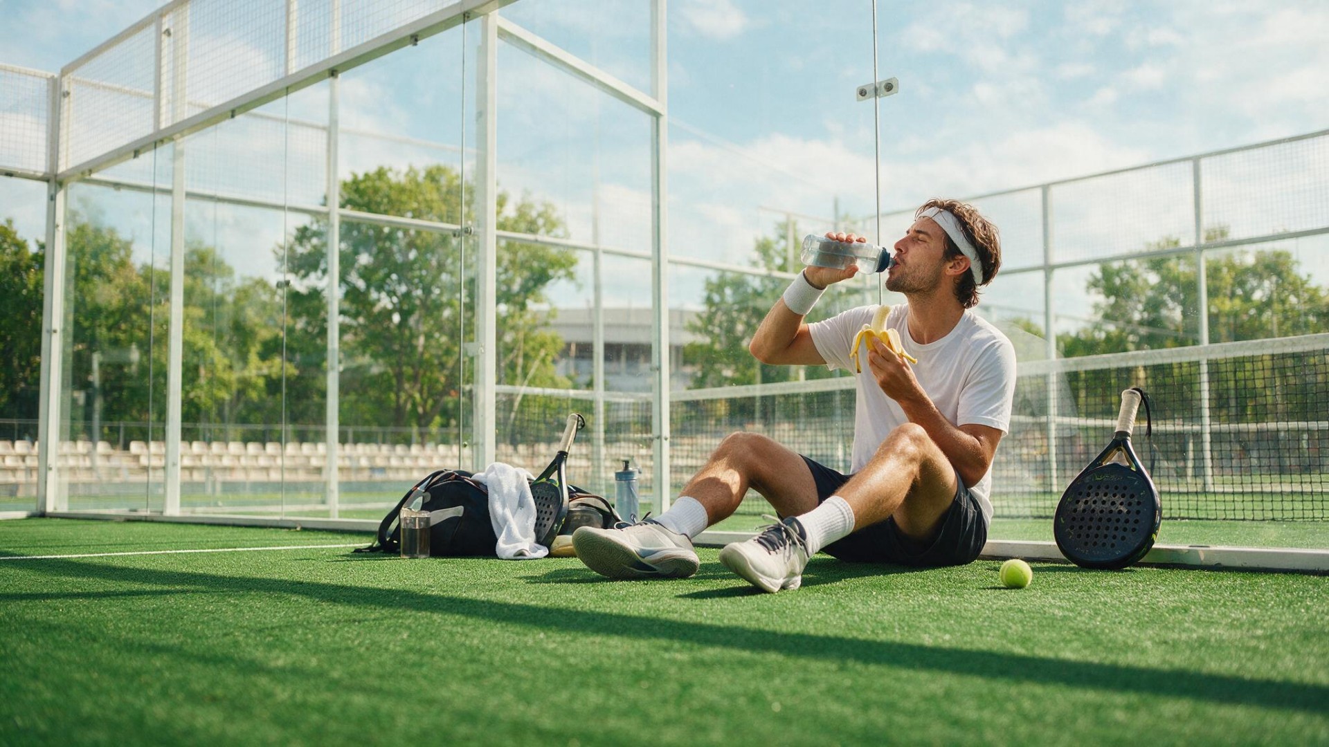 Padel player rehydrating and eating a banana courtside between sets