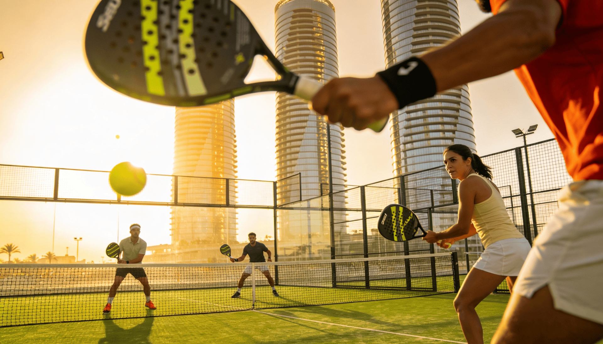 Four padel players mid-rally on an enclosed padel court at sunset in Dubai