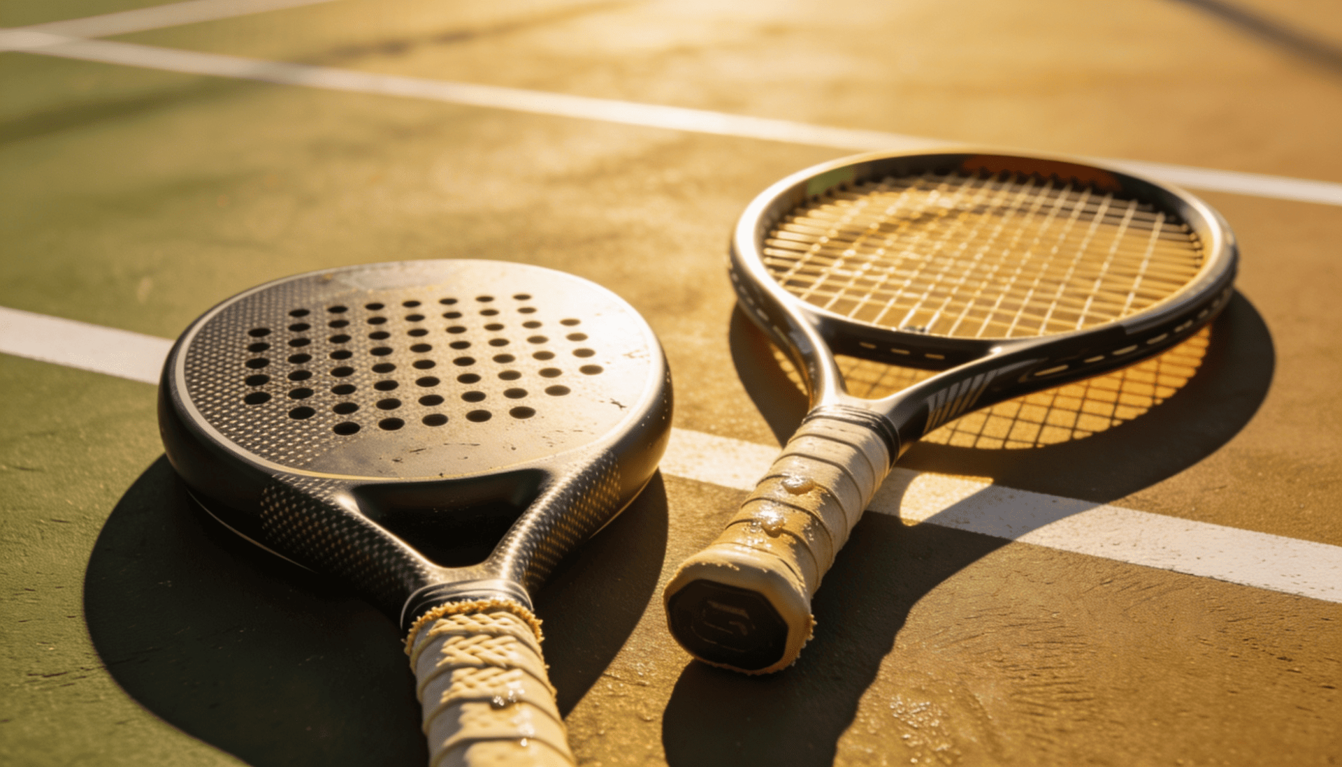 Padel racket and tennis racket side by side showing the difference in size and design
