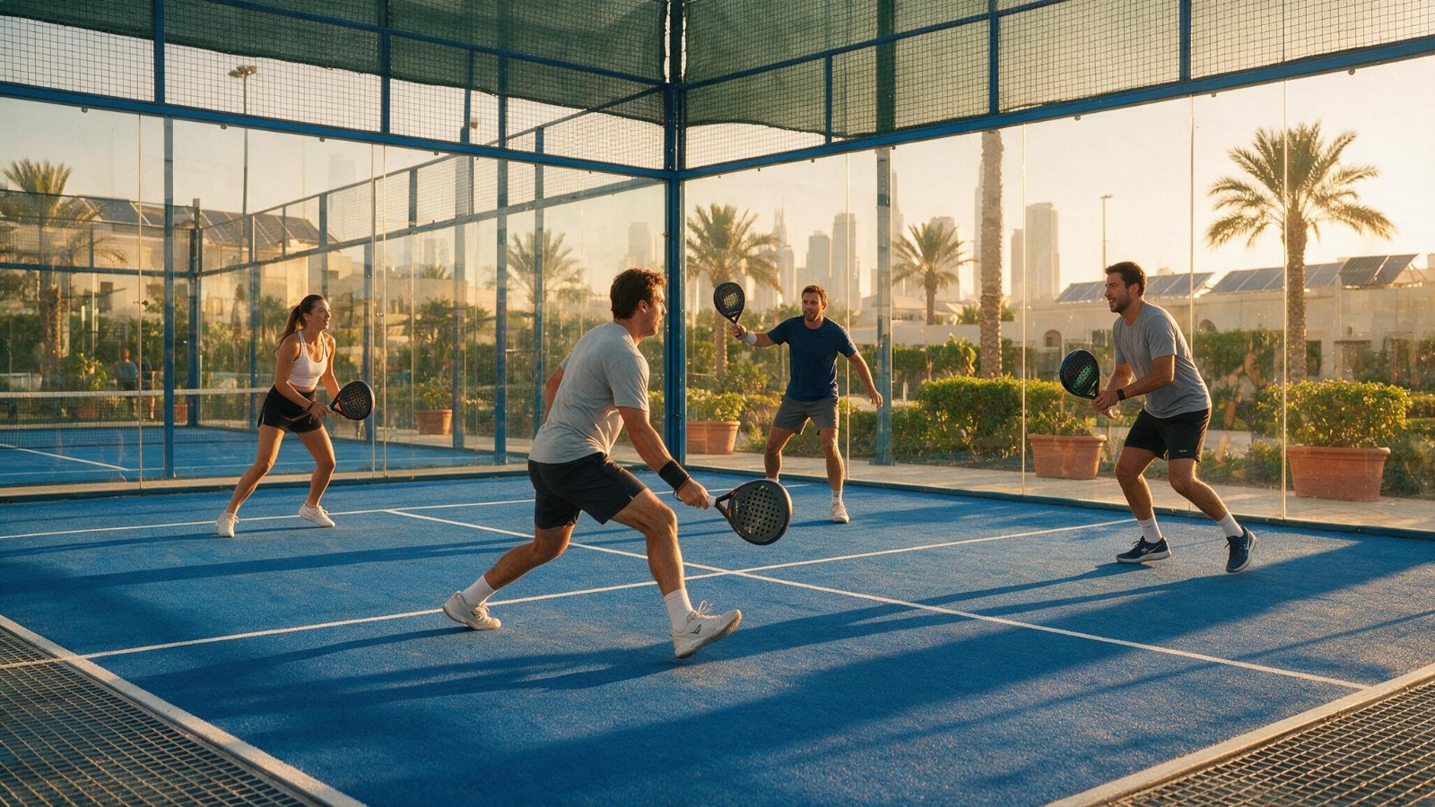 Four players mid-rally on a glass-walled padel court in Dubai at golden hour