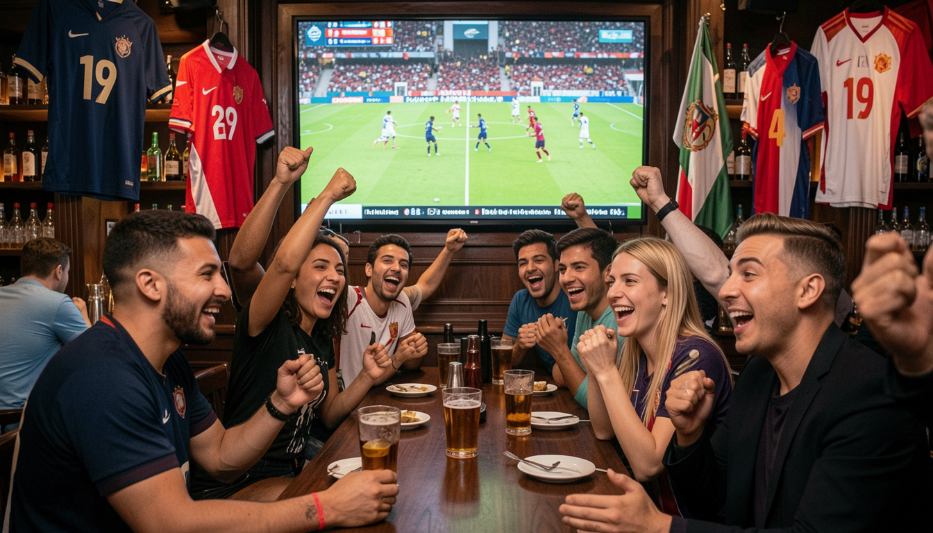 Mixed nationality group of fans celebrating a goal together at a Dubai sports bar