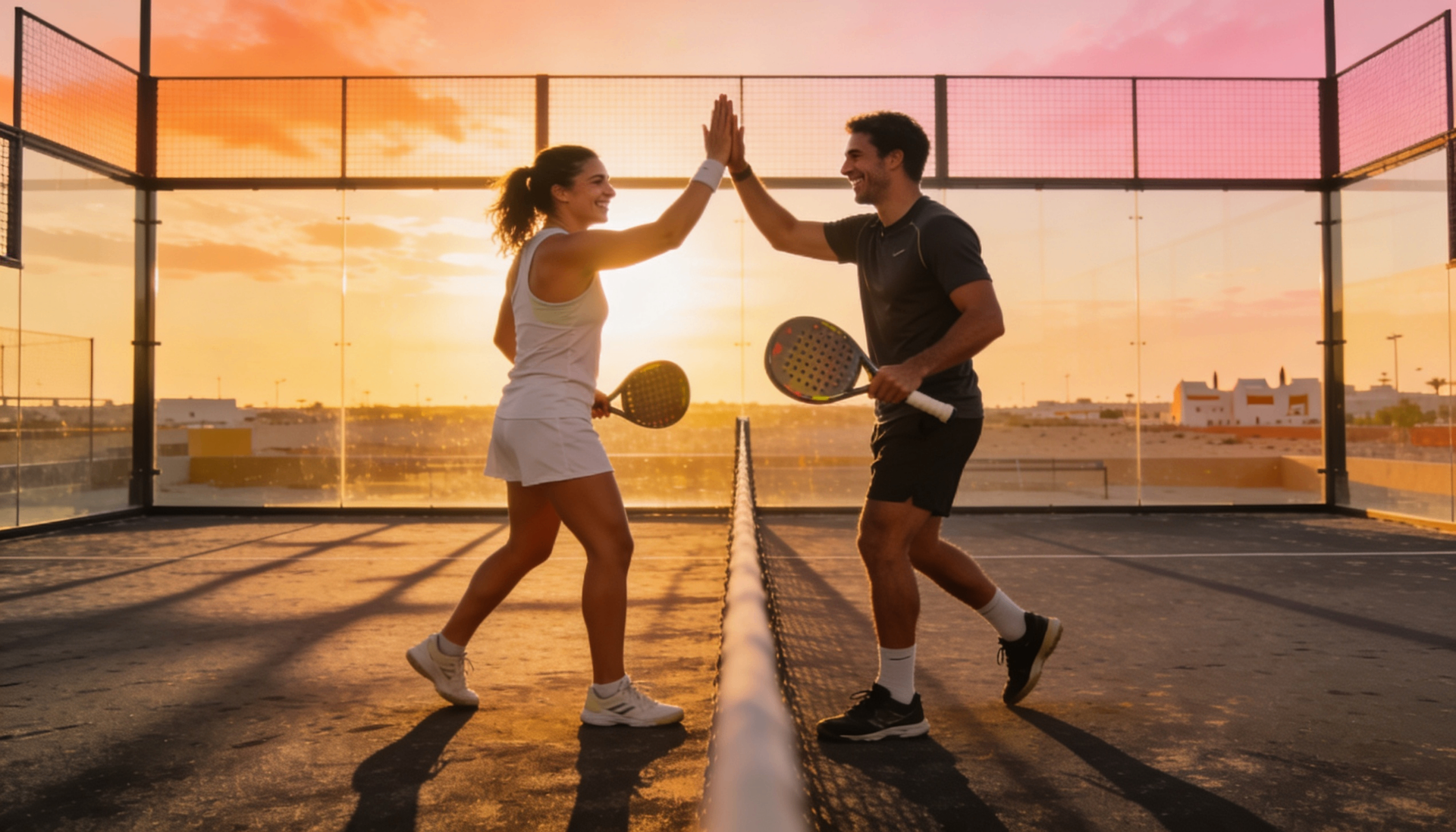 Two padel players high-fiving over the net at sunset on a Dubai court