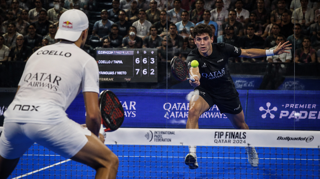 Professional padel match at the FIP Finals showing live scoreboard during a tiebreak