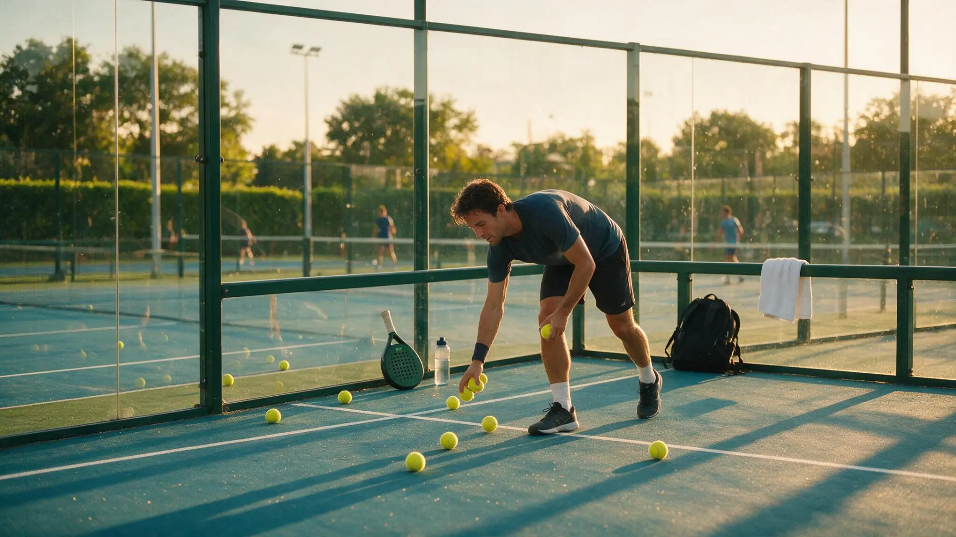 Padel player collecting balls on a court at golden hour during a solo practice session