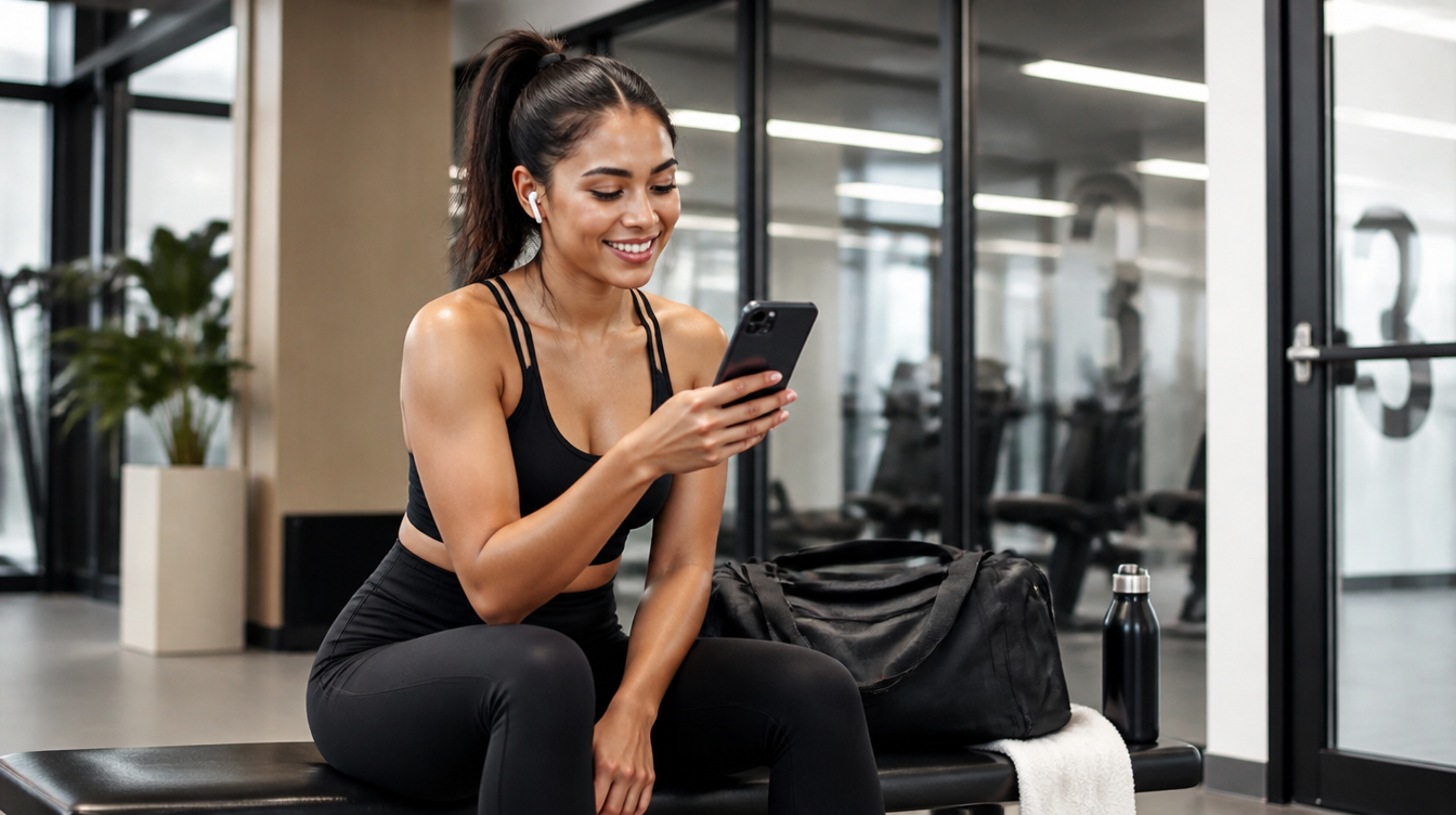 Woman in gym gear sitting on a bench checking her phone with earbuds in