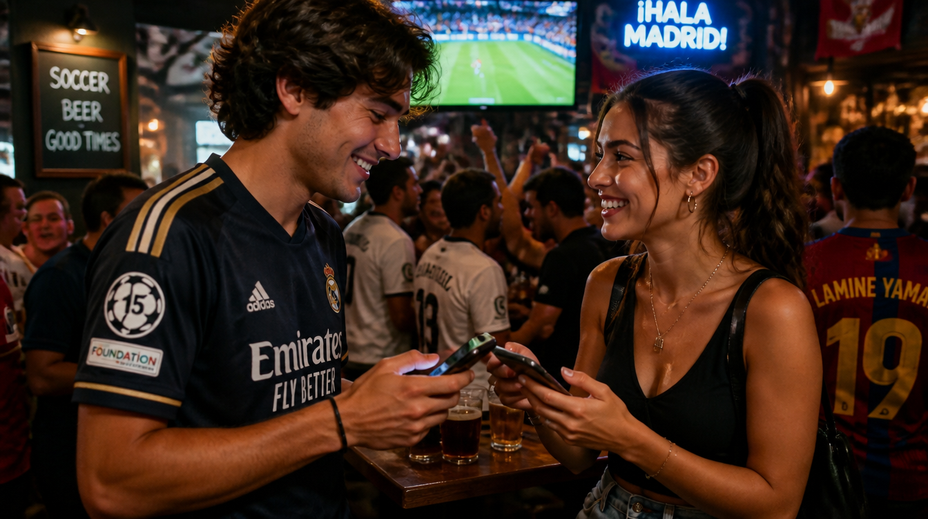 Two football fans in jerseys exchanging numbers on their phones at a Dubai sports bar