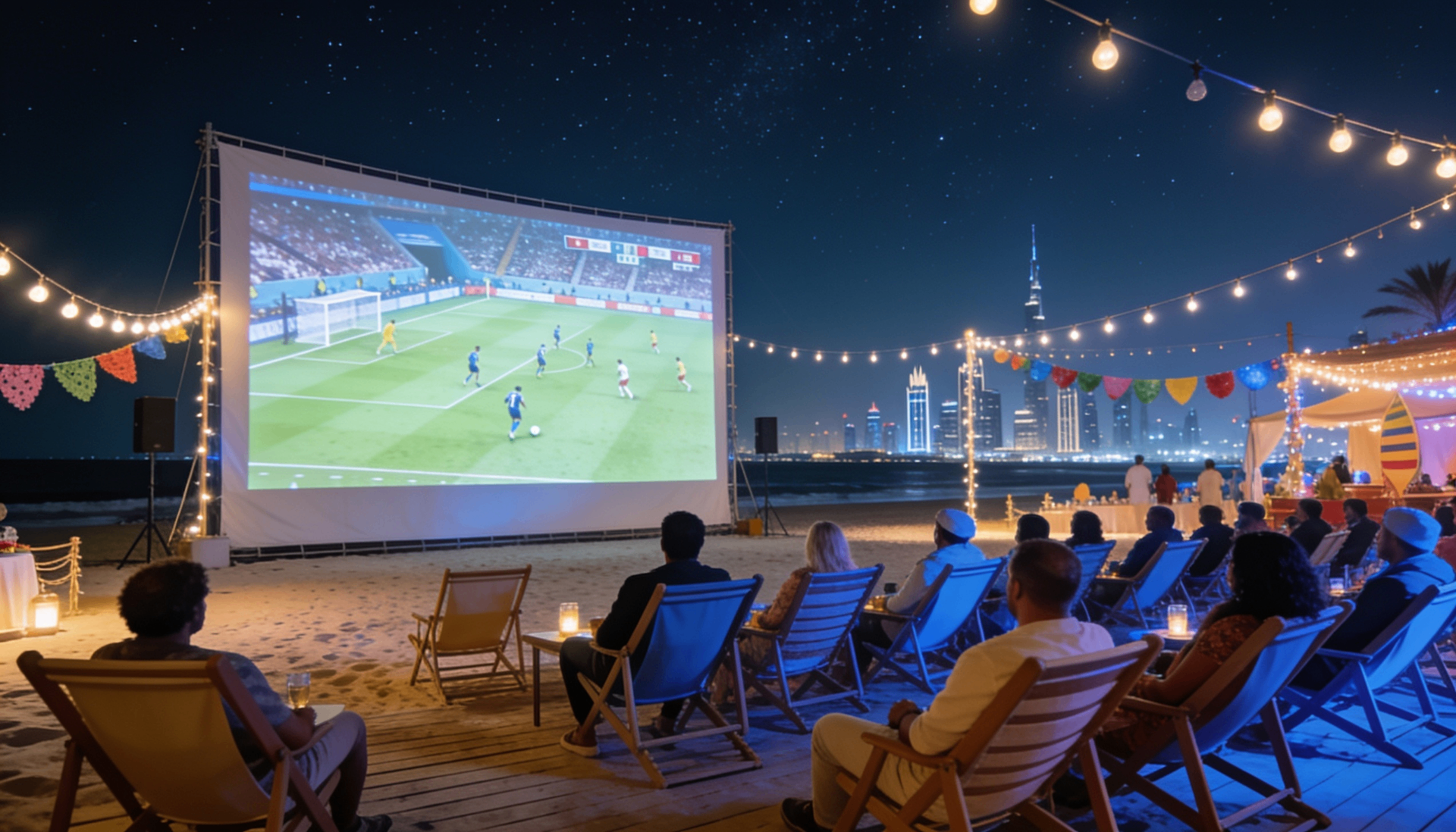 Outdoor beach screening of a World Cup match in Dubai with the city skyline at night